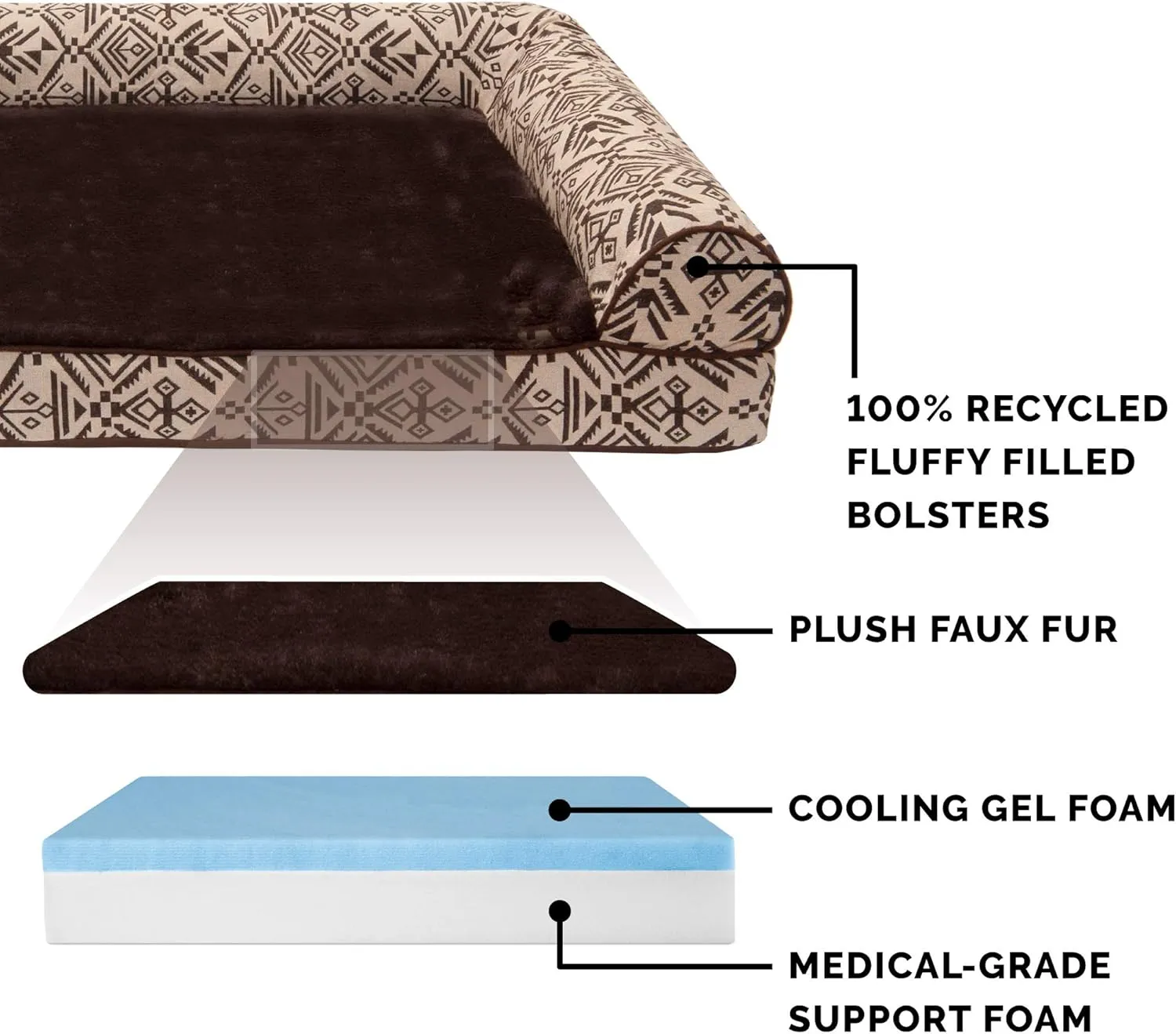 Furhaven Cooling Gel Dog Bed for Large Dogs w/ Removable Bolsters & Washable Cover, For Dogs Up to 95 lbs - Plush & Southwest Kilim Woven Decor Sofa - Desert Brown, Jumbo/XL