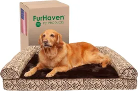 Furhaven Cooling Gel Dog Bed for Large Dogs w/ Removable Bolsters & Washable Cover, For Dogs Up to 95 lbs - Plush & Southwest Kilim Woven Decor Sofa - Desert Brown, Jumbo/XL