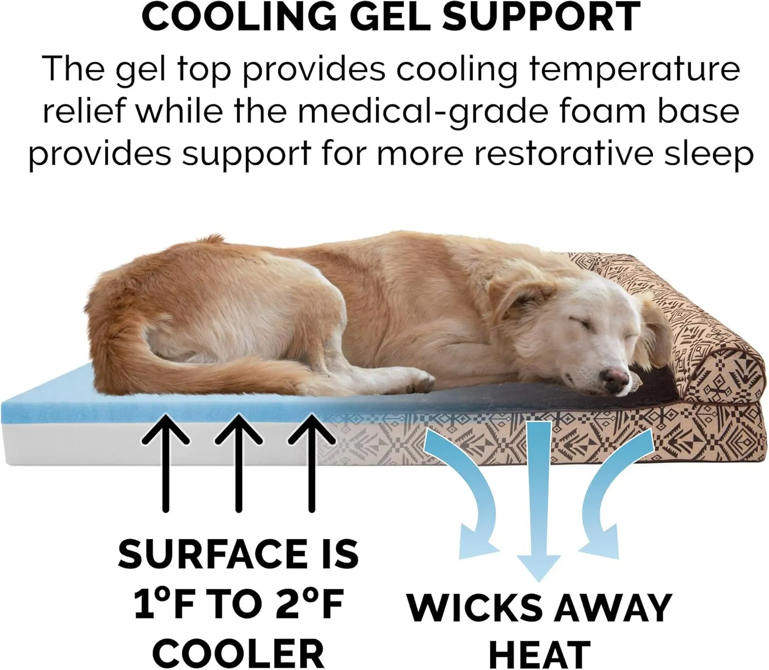 Furhaven Cooling Gel Dog Bed for Large Dogs w/ Removable Bolsters & Washable Cover, For Dogs Up to 95 lbs - Plush & Southwest Kilim Woven Decor Sofa - Desert Brown, Jumbo/XL