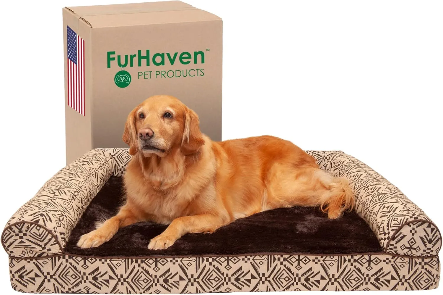 Furhaven Cooling Gel Dog Bed for Large Dogs w/ Removable Bolsters & Washable Cover, For Dogs Up to 95 lbs - Plush & Southwest Kilim Woven Decor Sofa - Desert Brown, Jumbo/XL