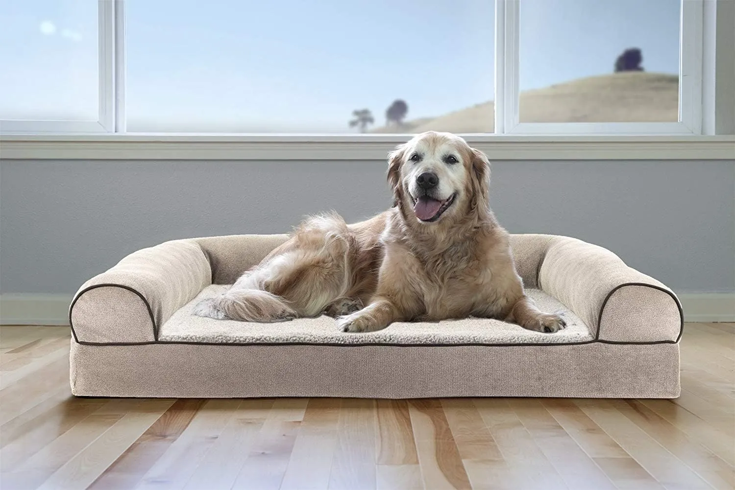 Furhaven Cooling Gel Dog Bed for Large Dogs w/ Removable Bolsters & Washable Cover, For Dogs Up to 95 lbs - Sherpa & Chenille Sofa - Cream, Jumbo/XL