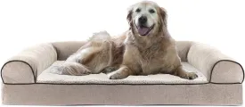 Furhaven Cooling Gel Dog Bed for Large Dogs w/ Removable Bolsters & Washable Cover, For Dogs Up to 95 lbs - Sherpa & Chenille Sofa - Cream, Jumbo/XL