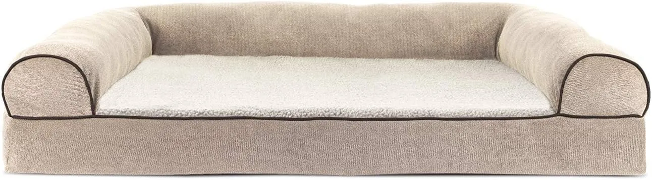Furhaven Cooling Gel Dog Bed for Large Dogs w/ Removable Bolsters & Washable Cover, For Dogs Up to 95 lbs - Sherpa & Chenille Sofa - Cream, Jumbo/XL