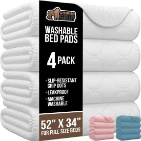 GORILLA GRIP Washable Underpads, Waterproof Reusable Heavy Absorbency Incontinence Bed Pads, Leak Proof Toddler Mattress Pad, 52x34 4 Pack, Slip Resistant for Bedwetting, Adults and Kids, White