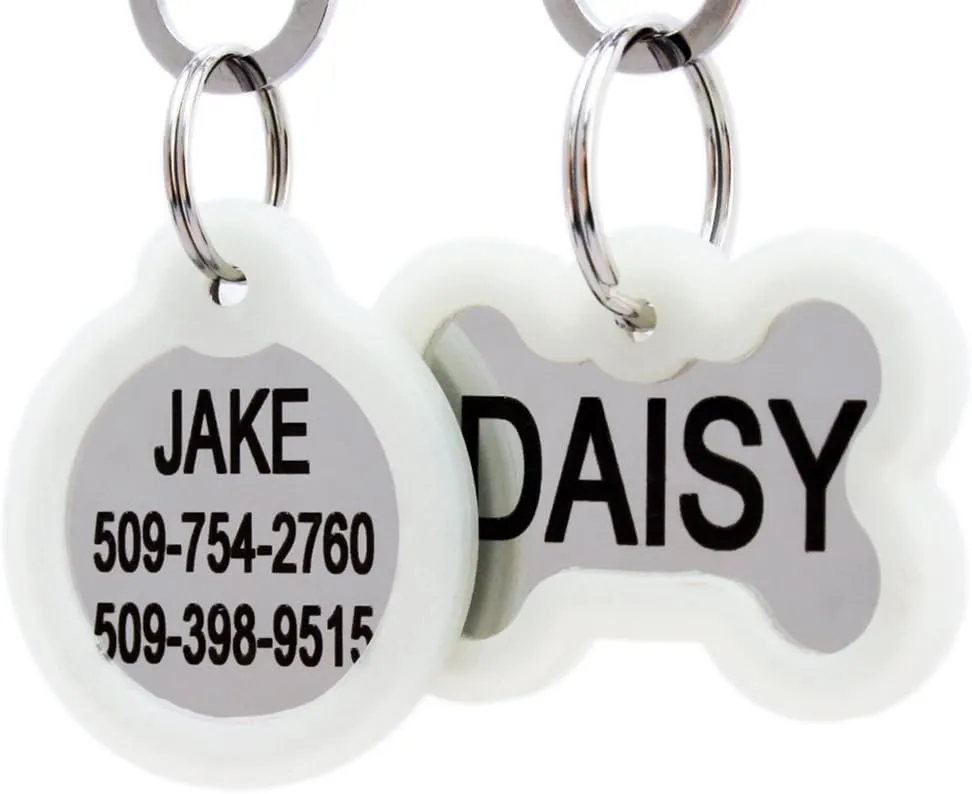 GoTags Personalized Dog Tags in Stainless Steel, Includes Glow in The Dark Tag Silencer to Reduce Noise and Protect Tag and Engraving, No Noise, Quiet Pet Tags, 2 Side Engraving, (Heart Shape)