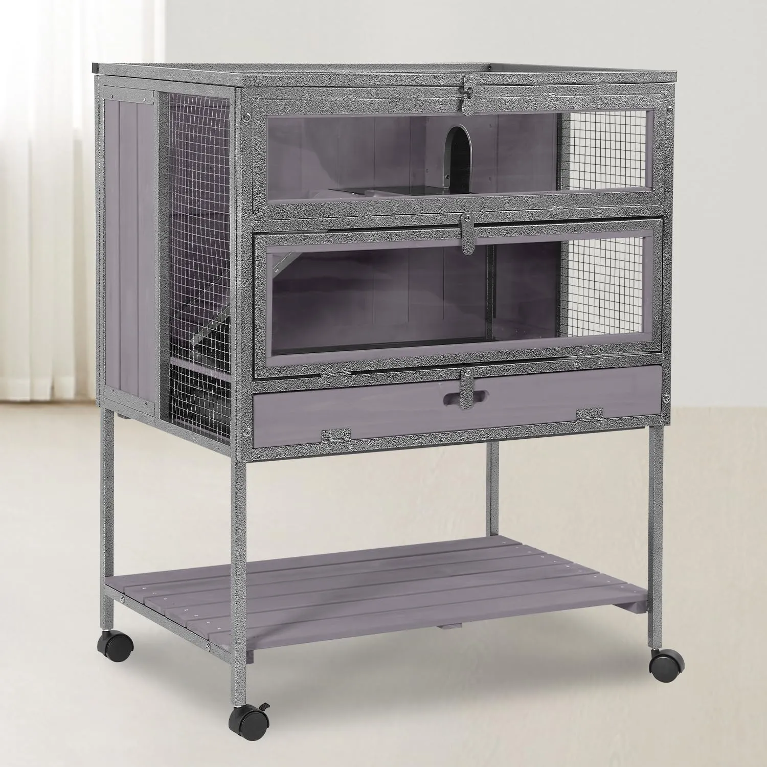 GUTINNEEN Guinea Pig Cage for Small Animals, Hamster Cage with Metal Iron Frame & Chew-Proof Aluminum Edges, 2-Story Small Animal Cage with Leak-Proof Tray, Hideout, and Storage Shelf, Black