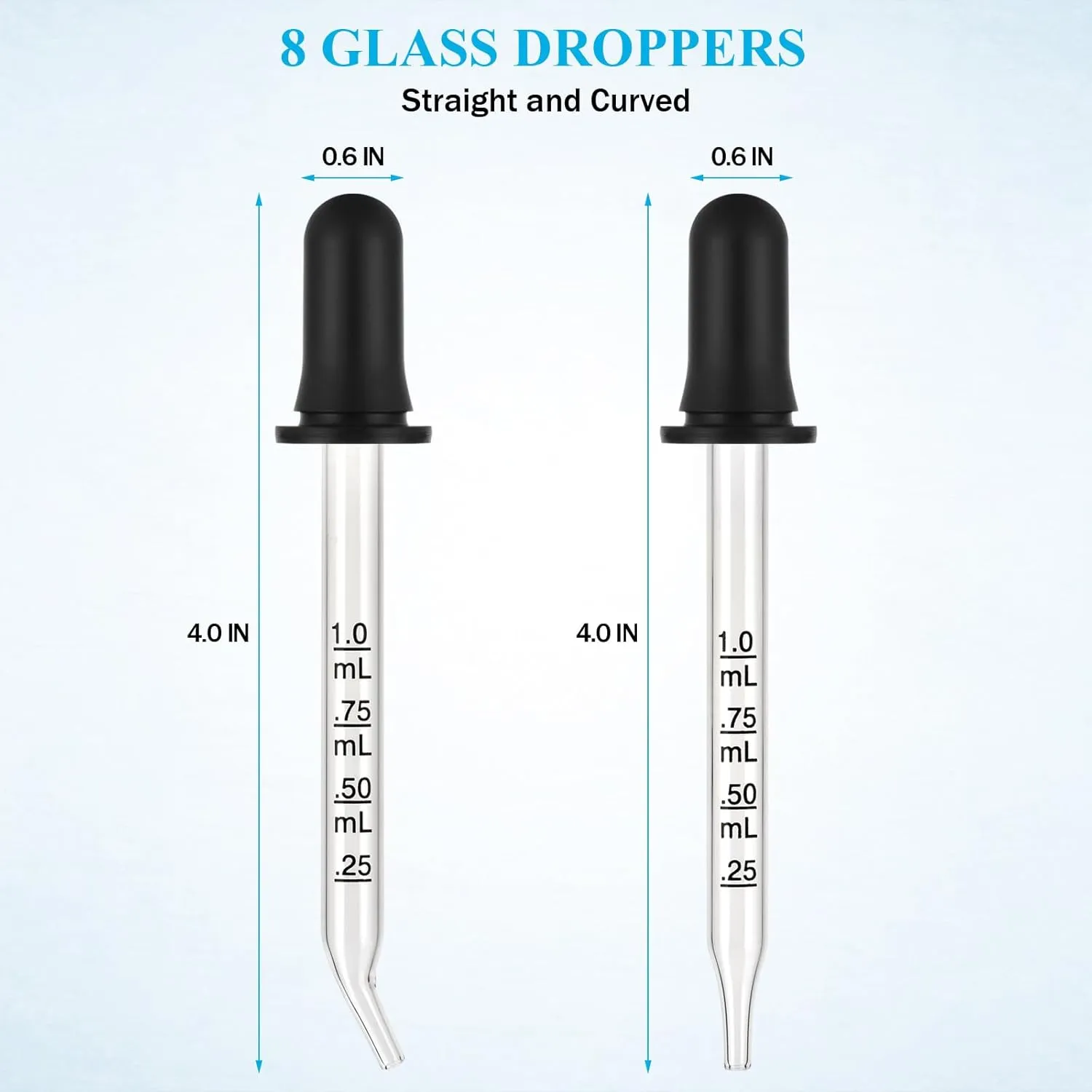 Herain 8 Pack Glass Pipette Dropper, Ear and Eye Dropper Bent & Straight Tips, 1 ml Droppers for Essential Oils, Lab, Crafts, Measuring and Transferring a Variety of Liquids