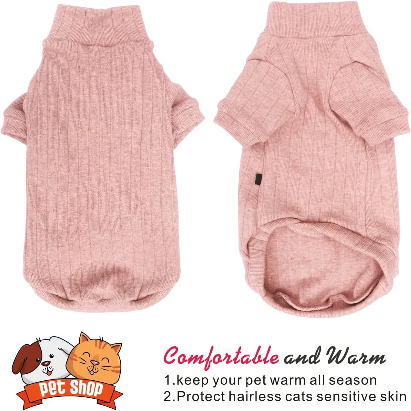 Idepet Sphynx Hairless Cats Sweater Shirt Kitten Soft Puppy Clothes Pullover Cute Cat Pajamas Jumpsuit Cotton Apparel Pet Winter Turtleneck for Cats and Teacup Chihuahua Small Dogs(Pink,L)