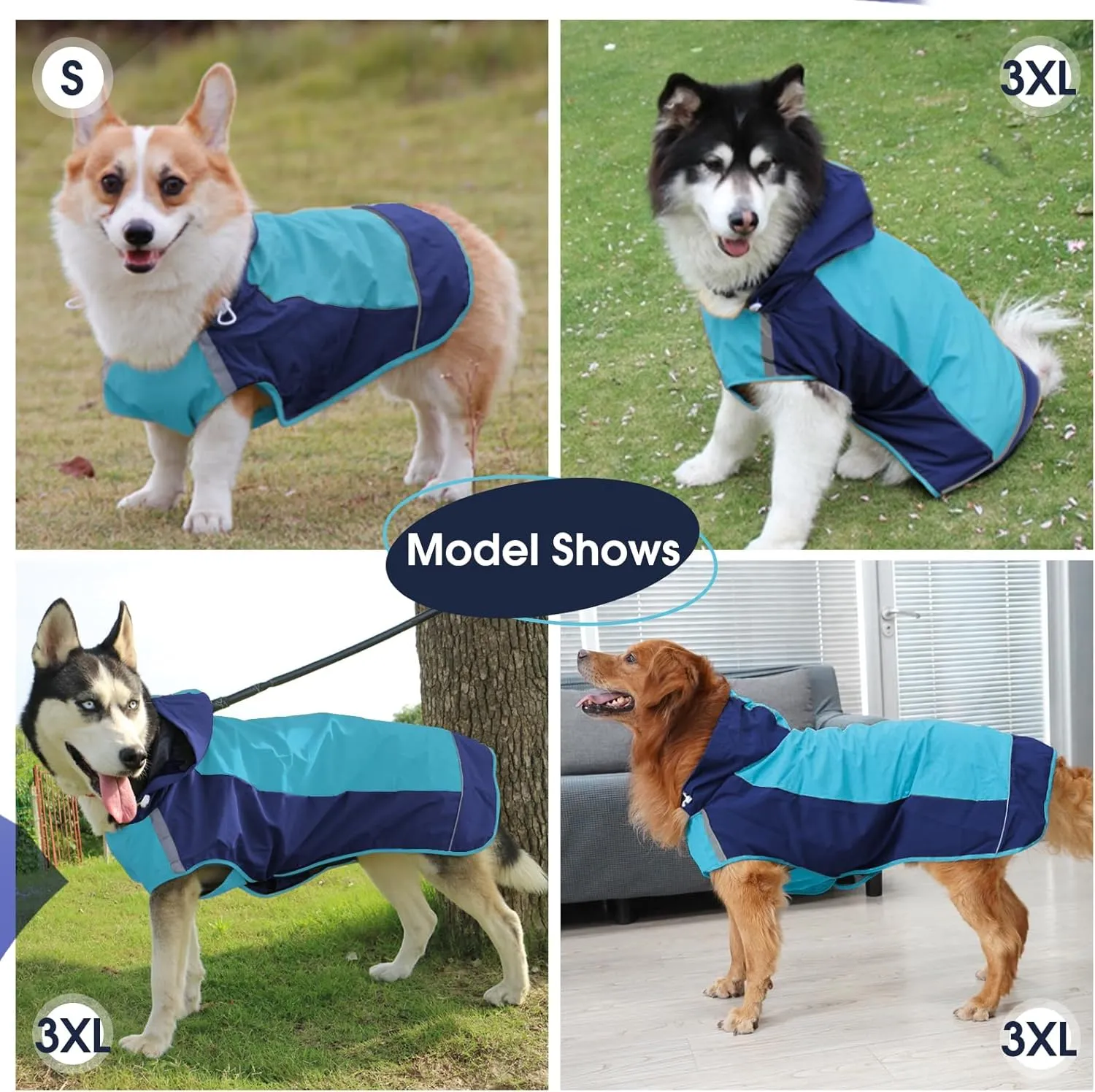 IECOii Dog Raincoat,Waterproof Rain Jacket for Medium Dogs,Adjustable Pet Rain Coat with Magic Sticker Closure,Reflective Doggy Raincoat with Hood,Perfect for Night Walking,Blue,M