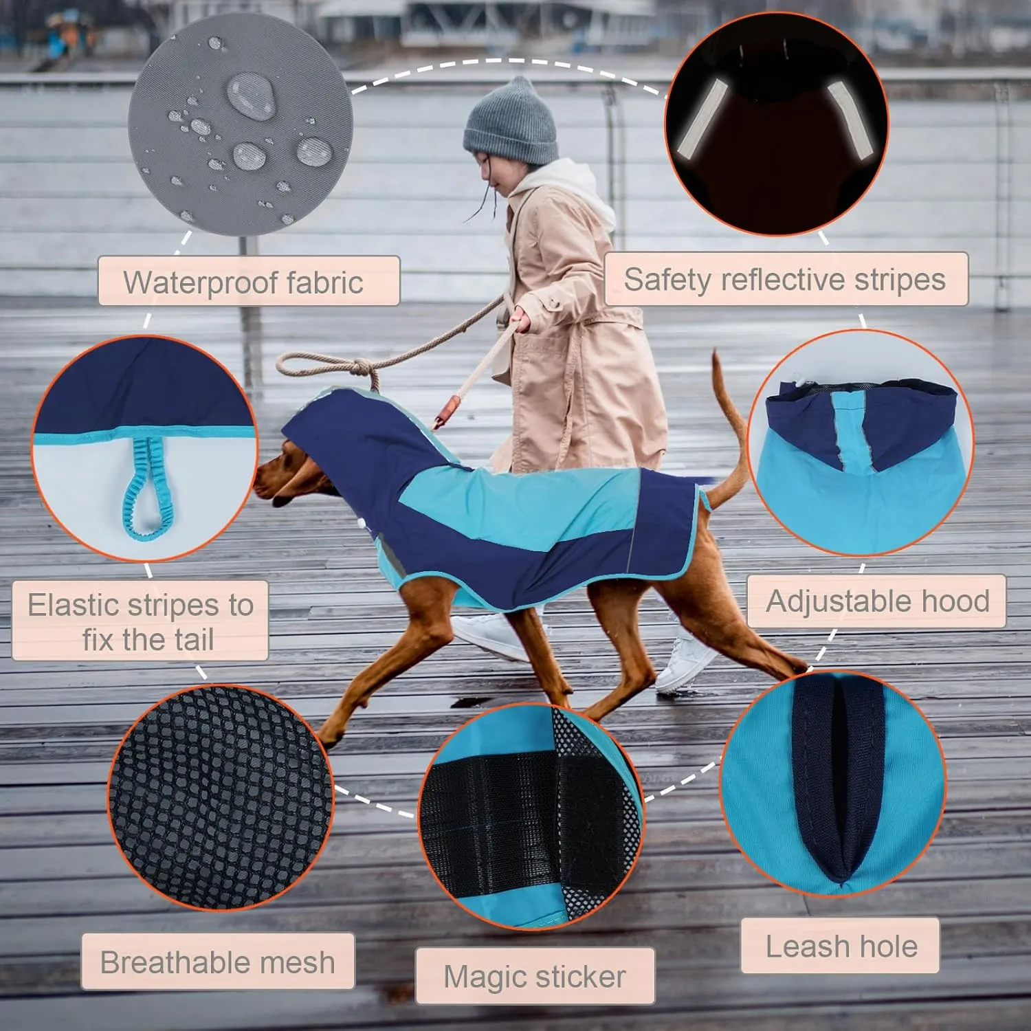 IECOii Dog Raincoat,Waterproof Rain Jacket for Medium Dogs,Adjustable Pet Rain Coat with Magic Sticker Closure,Reflective Doggy Raincoat with Hood,Perfect for Night Walking,Blue,M