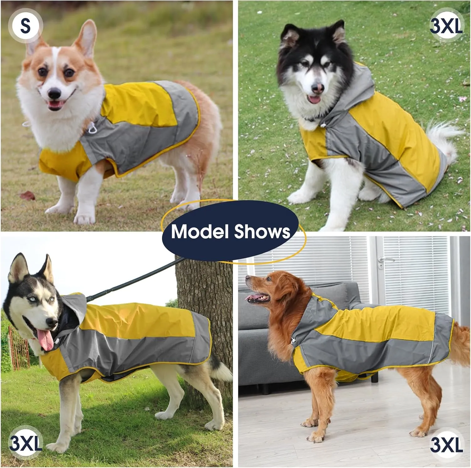 IECOii Dog Raincoat,Waterproof Rain Jacket for Medium Dogs,Adjustable Pet Rain Coat with Magic Sticker Closure,Reflective Doggy Raincoat with Hood,Perfect for Night Walking,Yellow,M