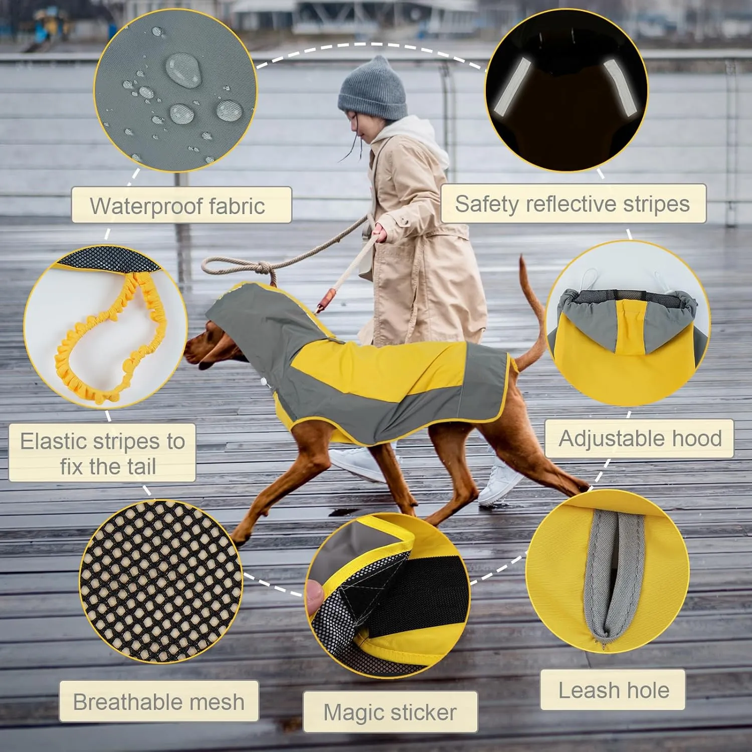 IECOii Dog Raincoat,Waterproof Rain Jacket for Medium Dogs,Adjustable Pet Rain Coat with Magic Sticker Closure,Reflective Doggy Raincoat with Hood,Perfect for Night Walking,Yellow,M