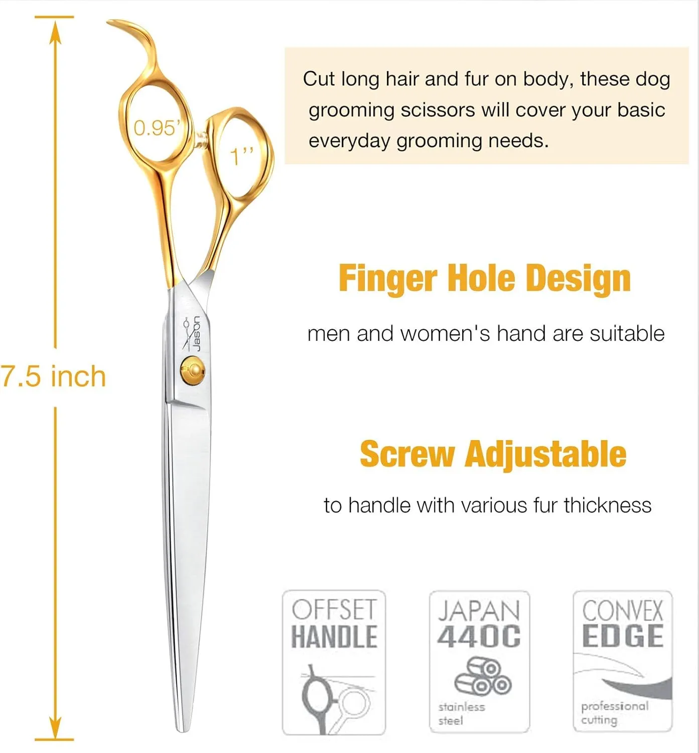 JASON 7.5" Dog Grooming Scissors Cats Trimming Shears Professional Pets Scissor Kit for Right Handed Groomers Gold Sharp Shear