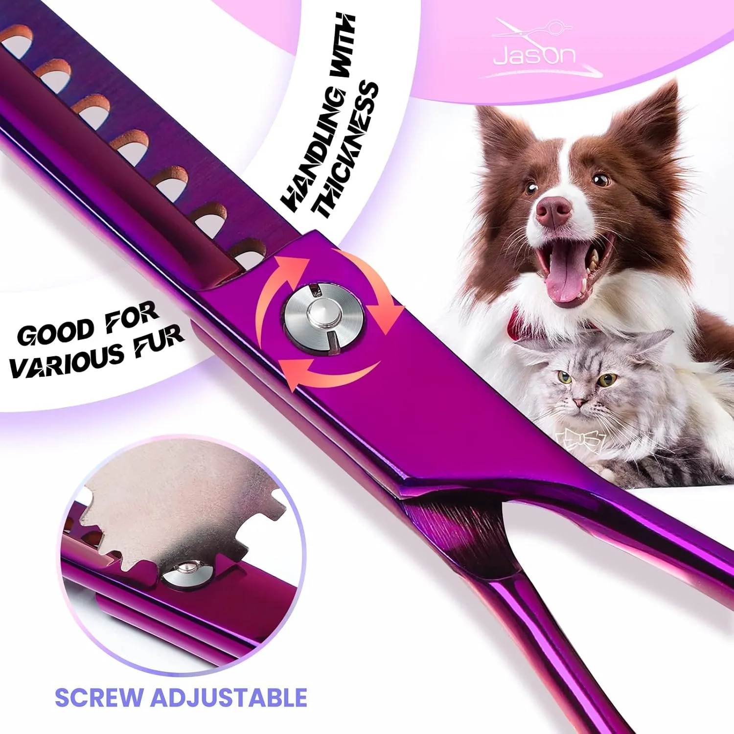 JASON Dog Grooming Scissors Kit, Professional 6 in 1 Dog Scissors Sharp Shears Set - Straight, Thinning, Chunker, Curved Shears and Comb for Long Short Hair for Dog Cat Pet