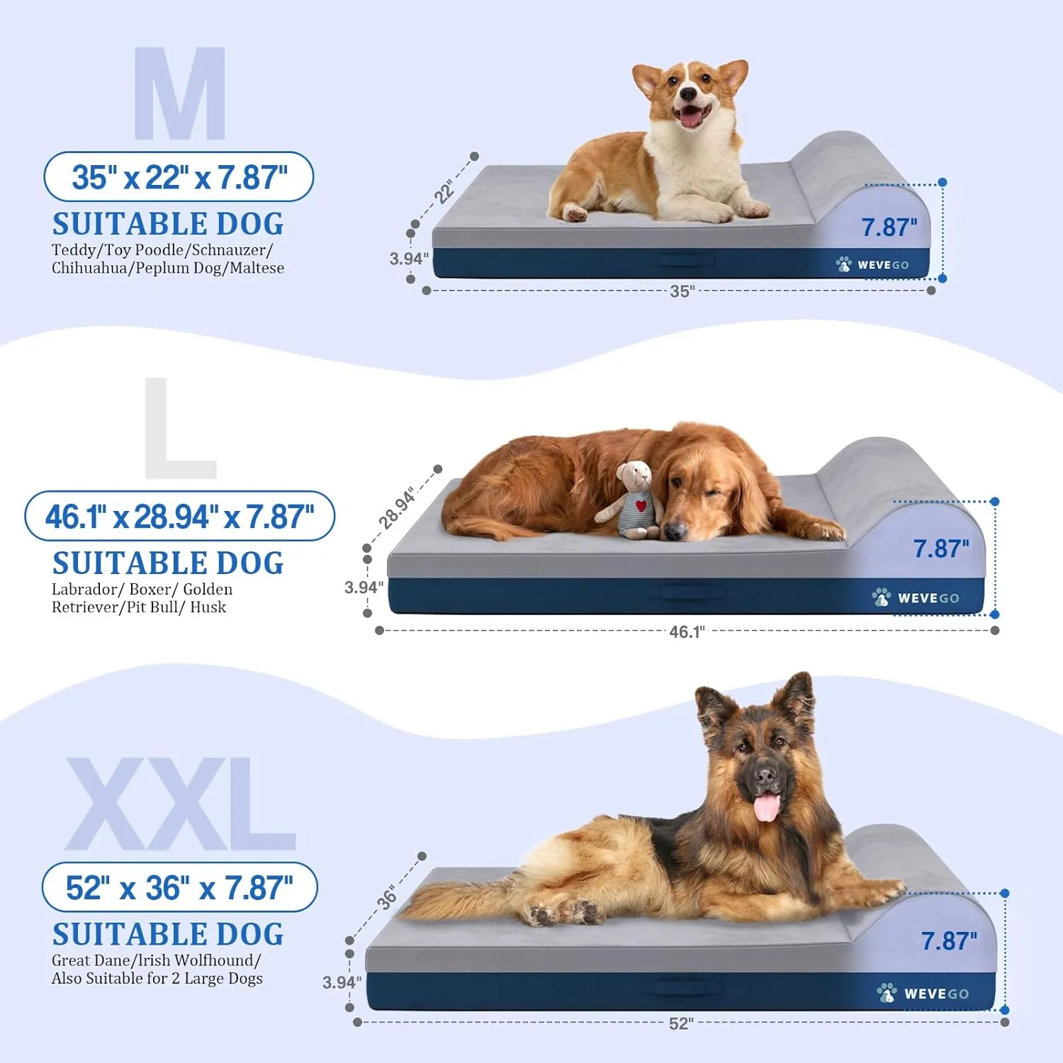 Jumbo Orthopedic Dog Bed, Large Dog Bed 7.87-inch Thick Gel Memory Foam with Pillow, Durable Flannel Fabric Dog Beds Large Sized Dog, Removable Cover & Waterproof Liner for Large Breed Dogs