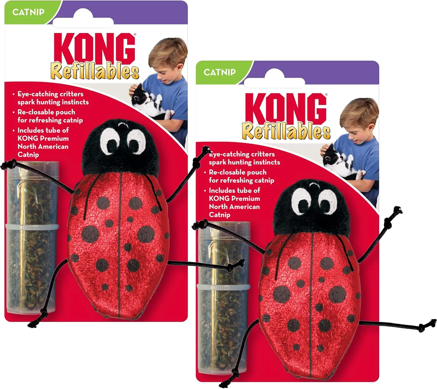 KONG Refillables Catnip Toys, Assorted 2-Pack  Plush Cat Toys with Refillable Catnip Pouch & Premium North American Catnip (Ladybug 2 Pack)