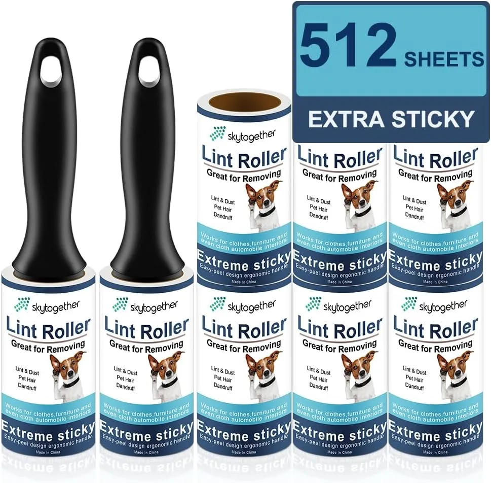 Lint Rollers for Pet Hair Extra Sticky, Dog Cat Pet Hair Remover Couch Lint Roller Travel Size Lint Remover for Clothes, 2 Reusable Handles 8 Lint Roller Refills Pack, 512 Sheets Total