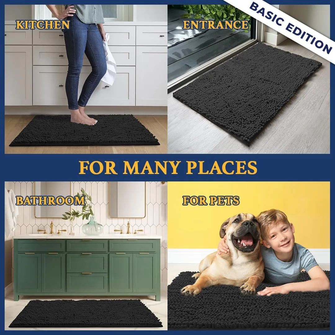 Muddy Mat Basic Dog Door Mat for Muddy Paws, Super Absorbent Microfiber, Non-Slip Indoor Mat, Quick-Dry Chenille Rug for Pets & Entryway, Machine Washable, Black 18" x 28"