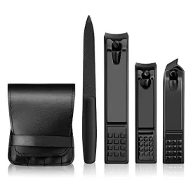 Nail Clipper Set of 4 Black Matte Stainless Steel,Toenails Clippers Nail File Sharp,Nail Cutter &slant edg Toenail Clipper with Leather Case Suitable for Gifts