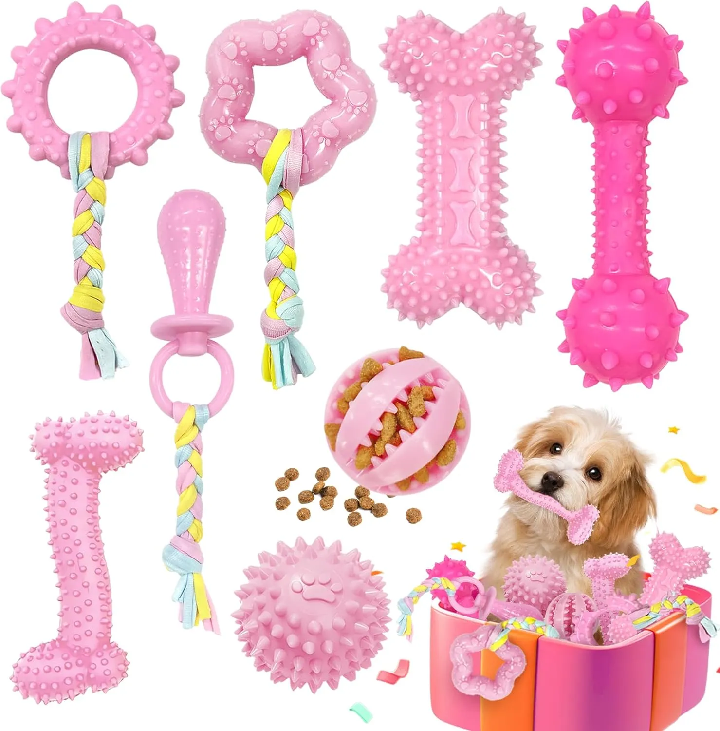 Omivine Puppy Chew Toys for Teething Small Dogs, 8 Pack Pink Puppy Toys for Teething Treat Interactive to Keep Them Busy, Cute Soft Durable Rubber Toy for Small Dogs, Girl Puppy Essentials