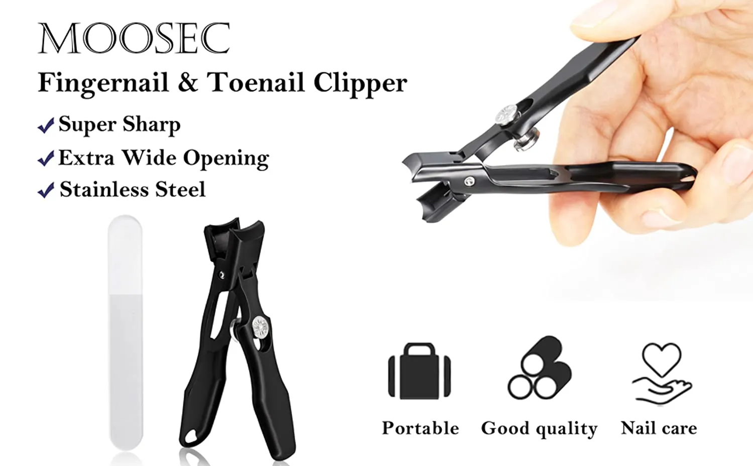 Professional Nail Clippers for Thick Nails, Nail Clippers Anti Splash Fingernail Cutter Stainless Steel Manicure Tools Nail Scissors with Glass Nail File (Black)