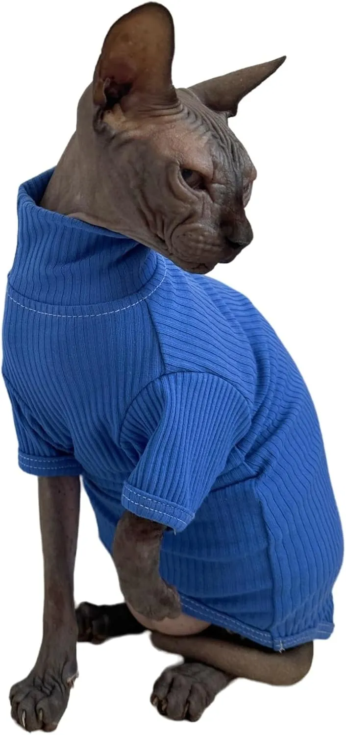 Sphynx Cats Shirt Cat Turtleneck Cotton Sweater Pullover Kitten T-Shirts with Sleeves Cat Pajamas Jumpsuit for Sphynx Cornish Rex, Devon Rex, Peterbald (Large (Pack of 1), Deep Blue)