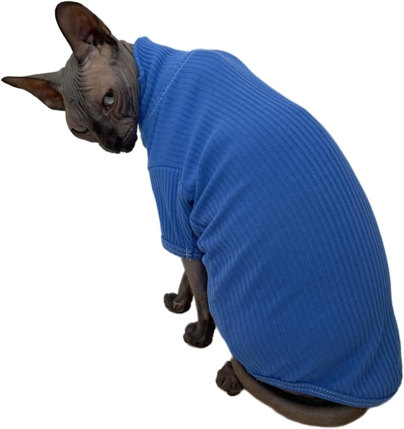 Sphynx Cats Shirt Cat Turtleneck Cotton Sweater Pullover Kitten T-Shirts with Sleeves Cat Pajamas Jumpsuit for Sphynx Cornish Rex, Devon Rex, Peterbald (Large (Pack of 1), Deep Blue)