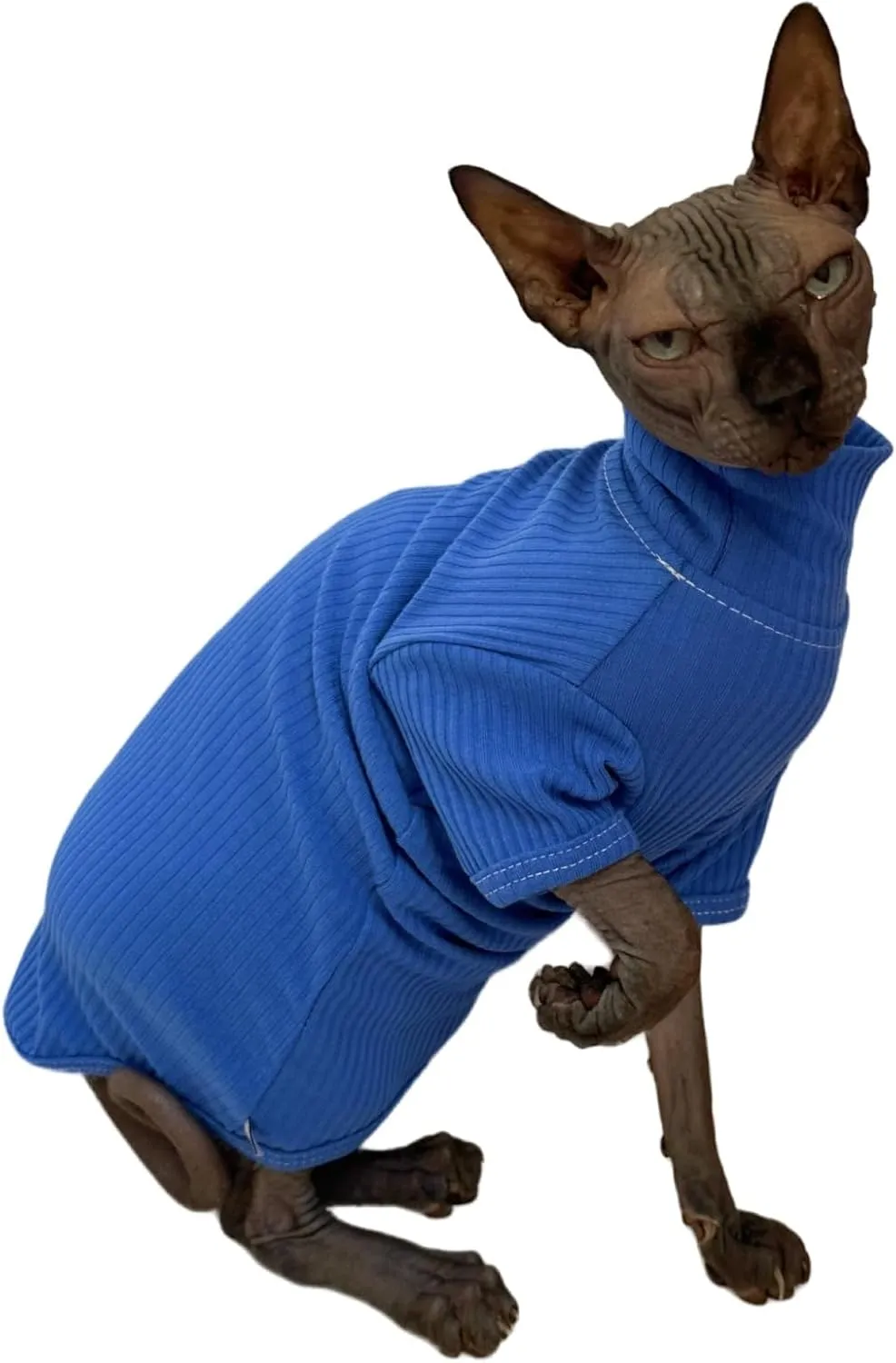 Sphynx Cats Shirt Cat Turtleneck Cotton Sweater Pullover Kitten T-Shirts with Sleeves Cat Pajamas Jumpsuit for Sphynx Cornish Rex, Devon Rex, Peterbald (Large (Pack of 1), Deep Blue)