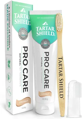 Tartar Shield Pro Care  Natural Enzymatic Pet Toothpaste Kit  Protects Against Plaque & Tartar - Freshens Breath & Removes Stains  Cleans Teeth and Gums  For Dogs & Puppies - Coconut Flavor, 3 Oz.